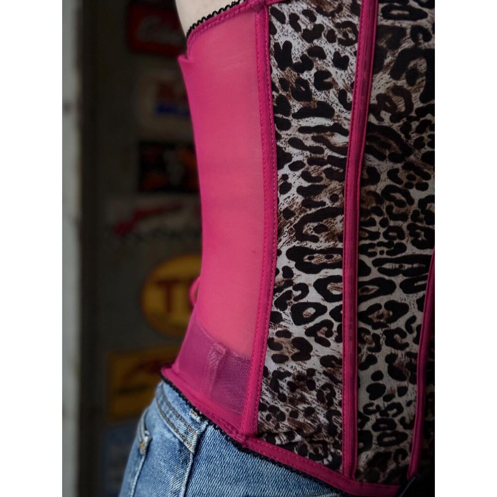 Vintage Y2K Leopard Corset Top | Pink Lace-Up Bustier | Zip Front Top | Size L - Picture 6 of 7
